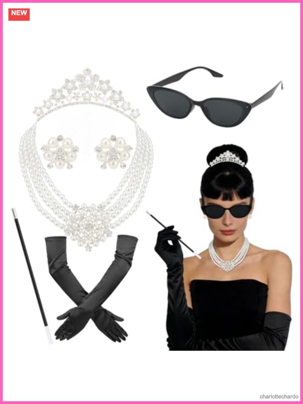 1960s Costume Accessory Set Faux Pearl Necklace Cat Eye Sunglasses Gloves Tiara